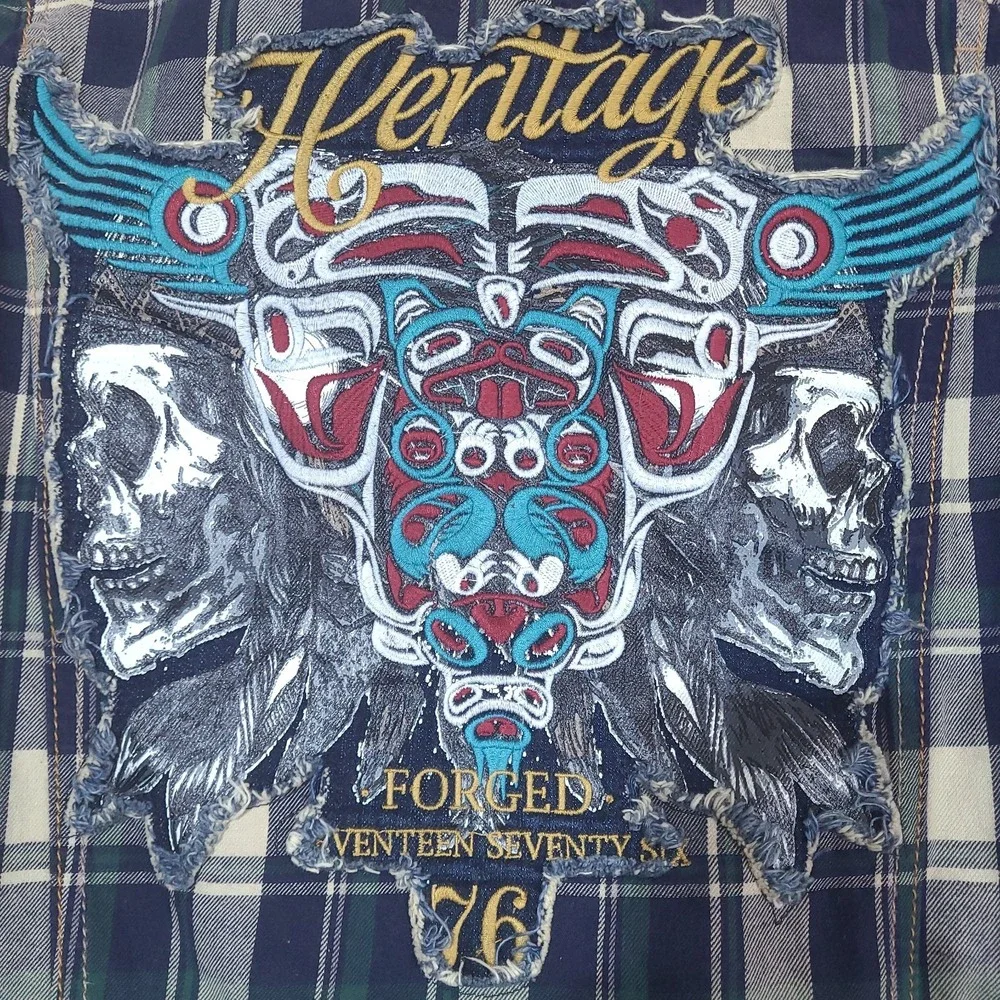 The Heritage America 1776 Denim Distillery Jacket Mens Small Faux Leather Forged